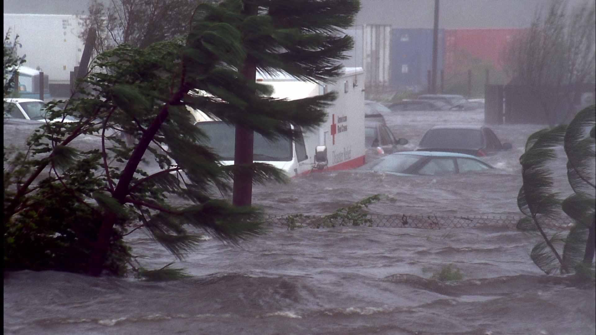 American Red Cross truck and cars caught in storm surge, Hurricane Katrina, Super 35mm film to HD video. Cinematographer: Martin Lisius.