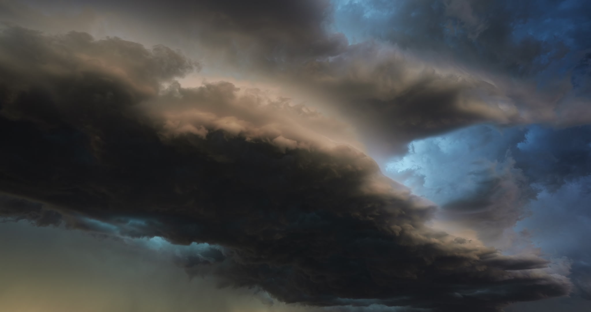 Alien-like teal and orange seven storm approaches, lightning, 4K, slow time-lapse. DCI 4K.