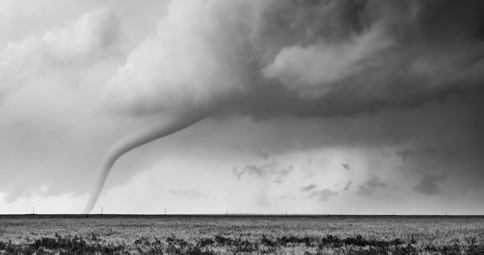 Long, classic black and white tornado, Holly, Colorado, 6K.