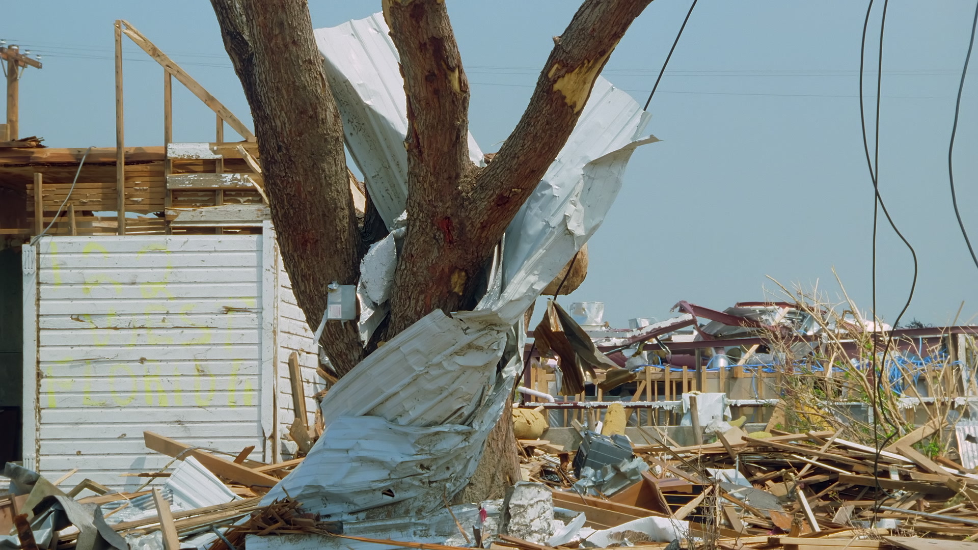 Tornado damage and aftermath - sheet metal wrapped around tree, Greensburg EF5 aftermath, 35mm film to 4K.